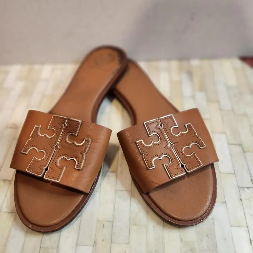 Tory Burch Double T Leather Medallion Slide Sandals